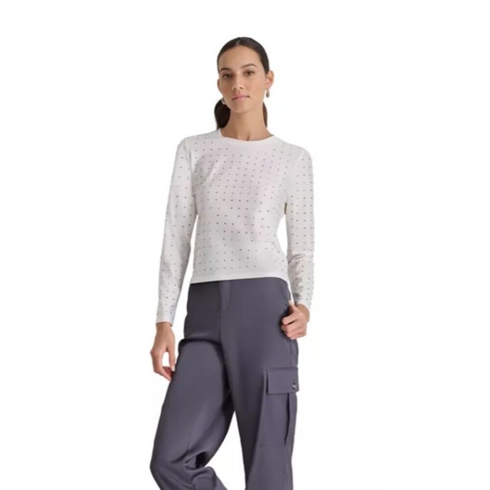 DKNY Jeans Women WHITE LARGE Studded Crewneck Long-Sleeve Top